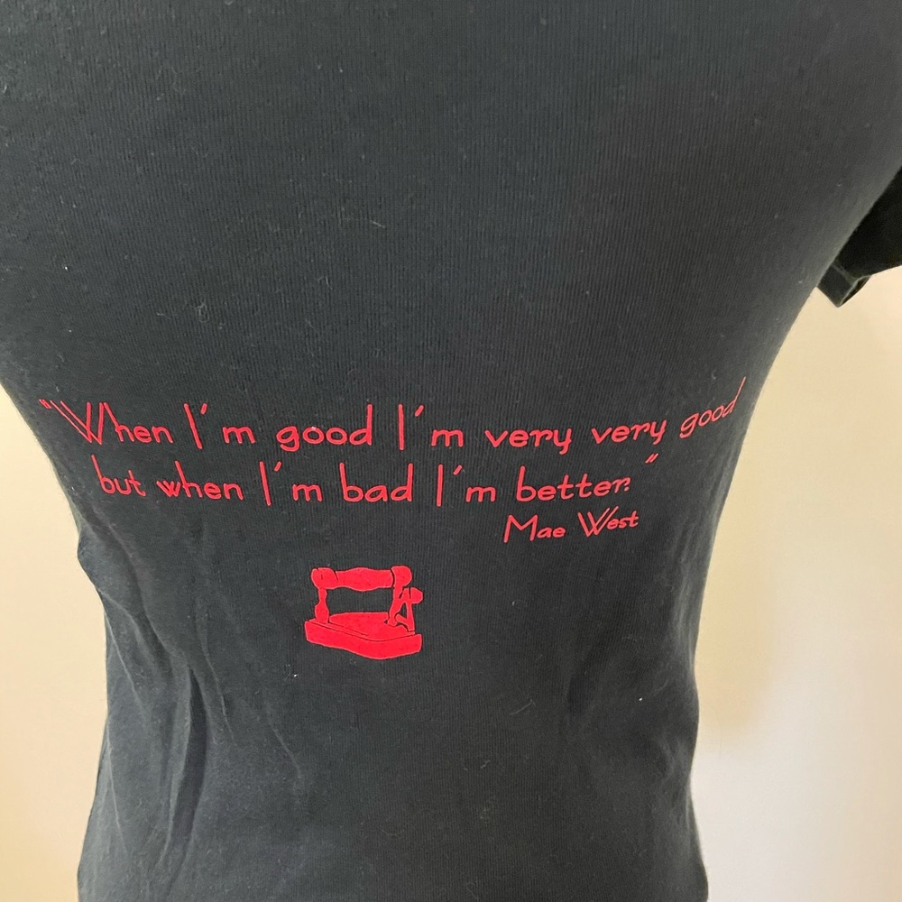 Dirty Apron Winery t-shirt with Mae West quote on back